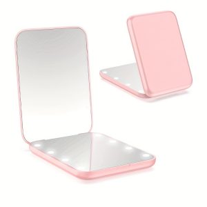 Portable Handheld Folding Makeup Mirror LED Light 8 Lamp Beads - Image 1